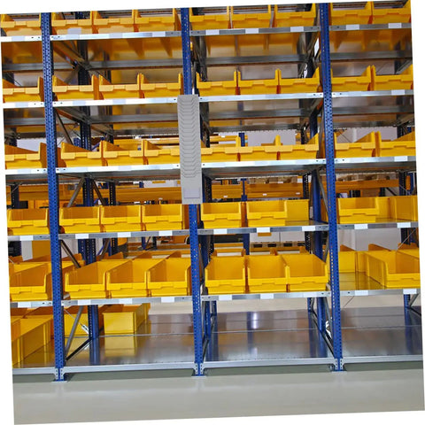 Expandable Plastic Card Holder And Multi Grid Desk Organizer, storage shelves with yellow bins for organizing equipment.