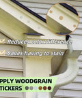 Three In One Carpenter Bee Holes Repair Kit with woodgrain stickers applied on house eaves to fix carpenter bee damage.
