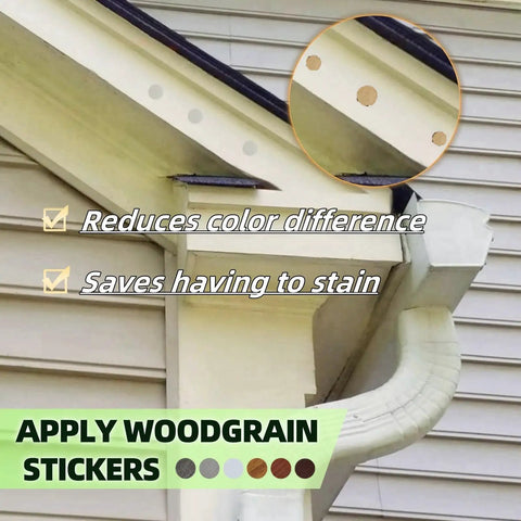 Three In One Carpenter Bee Holes Repair Kit with woodgrain stickers applied on house eaves to fix carpenter bee damage.