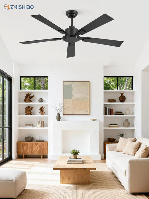 52 Inch Black Ceiling Fan With Remote No Light Quiet Reversible DC Motor Six Speeds For Living Room