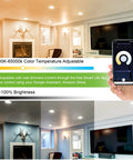 Living room with Smart WiFi LED Recessed Downlight 6 Pack Five To Six Inch RGBW Color Changing Tunable White Can Light and smartphone control