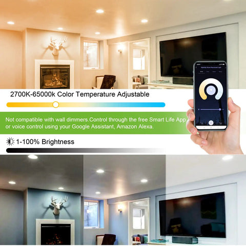 Living room with Smart WiFi LED Recessed Downlight 6 Pack Five To Six Inch RGBW Color Changing Tunable White Can Light and smartphone control