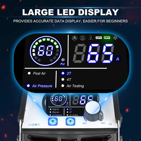 Digital display of 65 Amp Touch Arc Plasma Cutter Pro Grade Beast, Dual Voltage 120 and 240V, showing settings and LED indicators.