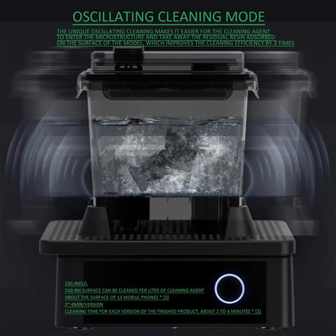 High Octane Oscillating Resin Print Washer For 3D Models Featuring Total No Sweat Four Minute Clean Cycle And Solid Performance With Top Shelf Solvent Bath Soak Station in oscillating cleaning mode with water swirling.