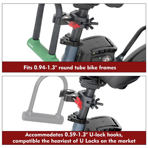 Beefed-Up U Lock Holder Clamp For Heavy Duty Bike Locks All Metal Mount, secures to 0.94-1.3 inch round tube frames, ultra quiet ride.