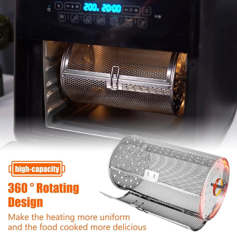 Straight Fire Rotatable Air Fryer Oven Basket With Slick 360 Degree Spin showing inside an air fryer with mesh design.