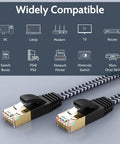 Cat 7 Ethernet Cable 6.6 Ft Flat Nylon Braided Shielded RJ45 LAN Wire For Gaming PS5 Xbox PC Router Modem Smart TV Ultra Fast Network Cord 10Gbps Support Faster Than Cat 6, compatible with various devices like PC, modem, TV, router.