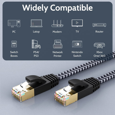 Cat 7 Ethernet Cable 6.6 Ft Flat Nylon Braided Shielded RJ45 LAN Wire For Gaming PS5 Xbox PC Router Modem Smart TV Ultra Fast Network Cord 10Gbps Support Faster Than Cat 6, compatible with various devices like PC, modem, TV, router.