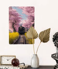 Vintage Steam Train Tin Sign With Cherry Blossom Tunnel And Yellow Wildflowers, 8x12 Inch Metal Plaque on wall decor