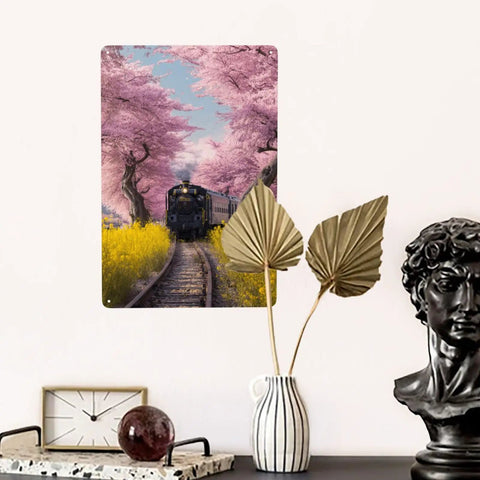 Vintage Steam Train Tin Sign With Cherry Blossom Tunnel And Yellow Wildflowers, 8x12 Inch Metal Plaque on wall decor