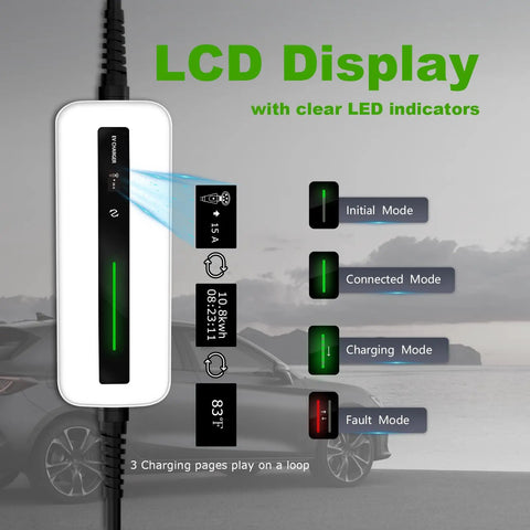 Plug And Play Level One Ev Charger Portable Charging Cable With Twenty Foot Cord Straight From Wall Socket Using SAE J1772 Plug, showing LCD display with LED indicators.