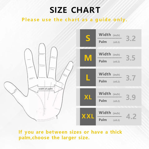 LOCCEF work gloves size chart with hand silhouette and palm-width measurements for S-XXL.