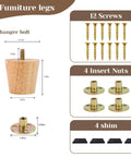 Solid Rubber Wood Furniture Legs Two Inch Round Set Of Four Mid Century Modern Replacement Feet with hardware and screws