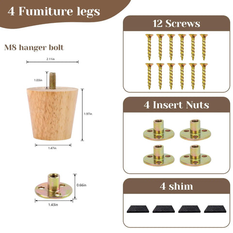 Solid Rubber Wood Furniture Legs Two Inch Round Set Of Four Mid Century Modern Replacement Feet with hardware and screws