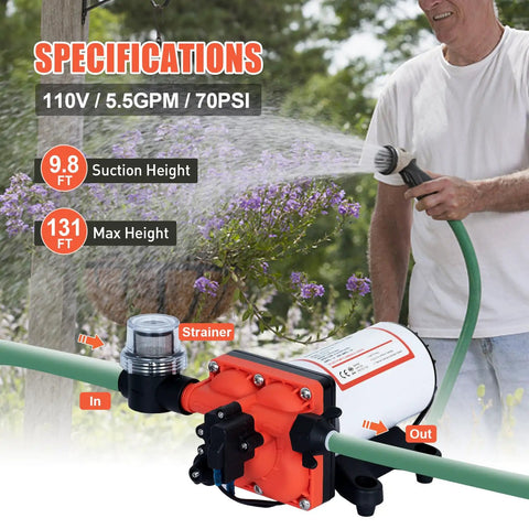 On Demand 110V Water Pressure Pump 5.5 GPM 70 PSI Self Priming Diaphragm Pump for RV Fresh Water and Garden Hose Quick Connect