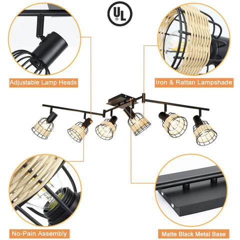 Six Light Bamboo LED Track Lighting Kit With Rattan Cage Industrial Ceiling Spotlight For Kitchen Island Living Room And Bedroom