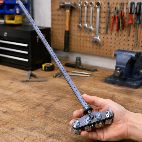 Circular Saw Guide Rail For Pro Grade Precision Cuts, 50cm Length, Go To Handy Tool For Garage, Shop, And Job Site, Positioning Gauges For Fine Furniture And Framing. Metal guide rail with rollers in workshop hand.