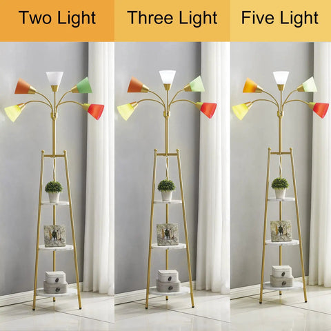 LED Floor Lamp With Dope Medusa Multi Head Design showing two, three, and five light settings, modern standing lamp with shelves