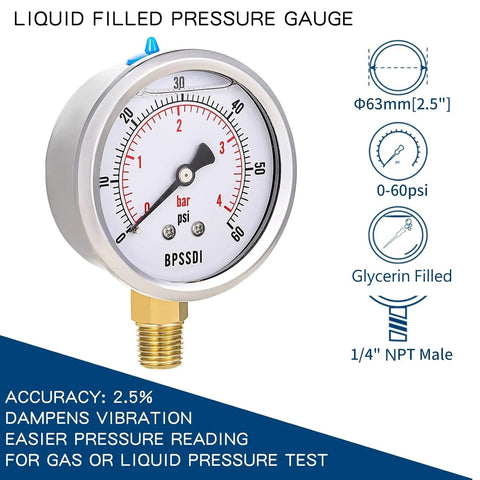 BPSSDI glycerin-filled low-pressure gauge with 0-60 psi, 2.5-inch dial, 1/4 in NPT male, 304 stainless steel case