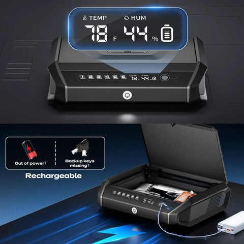 Insanely Quick Access Biometric Handgun Safe With Lcd Display And Keypad Unlock For Pistols showing open box with firearm and keypad.
