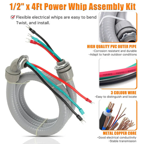 1/2 Inch Power Whip Assembly Kit With 3 Conductor 10 Gauge Preassembled AC Whip, Nonmetallic Liquid Tight Flexible Conduit, 4 Foot
