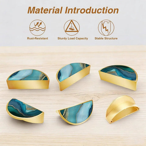 2 Pack Teal Blue And Gold Fluid Art Cabinet Pulls With 3 Inch Center Hole, Gold Semicircle Drawer Handles on light wood base