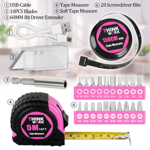 Pink Tool Set For Women 122 Piece With 3.6V Rotatable Electric Screwdriver Easy Carry Round Pouch Home Maintenance DIY Kit with blades, USB cable, bit extender, tape measures, screwdriver bits visible.