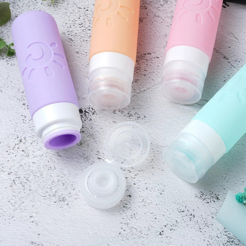Multicolor Leak Proof TSA Approved Travel Bottles Set 3oz, silicone containers for shampoo, conditioner, lotion, body wash open
