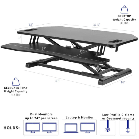 Extra Wide 38 Inch Corner Desk Converter With Height Adjustable Sit To Stand Riser showing black surface and wide keyboard tray