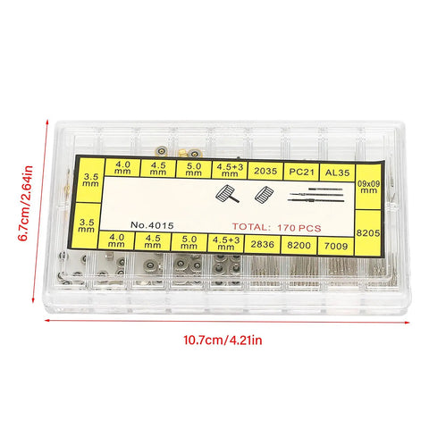 Pro Grade Watch Stem Extender And Crown Replacement Parts Kit With Storage Box displaying various sizes and labels.