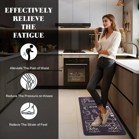 Woman standing on a Washable Anti Fatigue Kitchen Mat 17 By 29 Inch Cushioned Foam Runner With Non Slip Ergonomic Comfort in a modern kitchen.