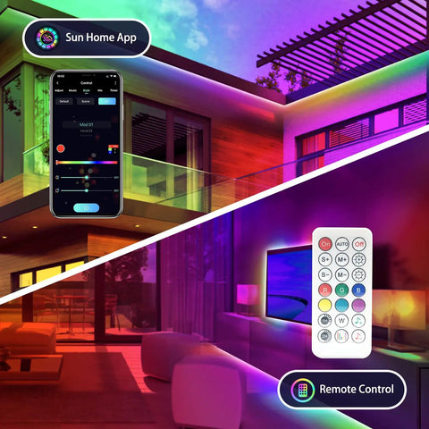 50ft Color Changing LED Strip Lights With Bluetooth Music Sync, Color Chasing RGB LEDs in bedroom with app and remote control