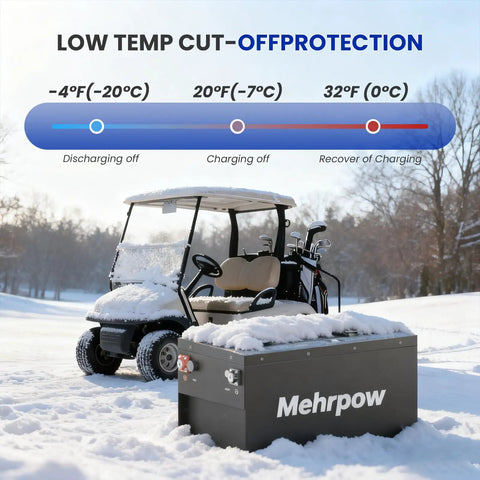 Badass 36V 100Ah Lithium Golf Cart Battery With Smart Bluetooth App Tracking And Rock Hard 200A Bms Lcd Screen Durable Steel Case 6000 Cycles Includes 25A Fast Charger in snowy landscape next to golf cart.