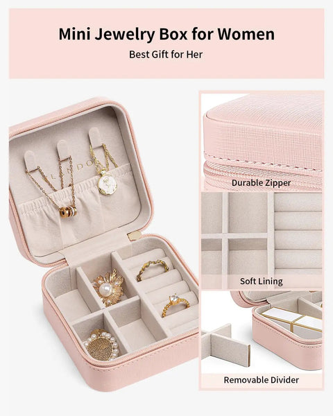 Compact Travel Jewelry Case For Women Grab And Go Style, Waterproof PU Leather With Soft Flannel Lining, open showing compartments