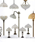 Assorted Tiffany Style Cream Amber Stained Glass Lamps with various bases, UL Listed, S005 Series, featuring bead accents.