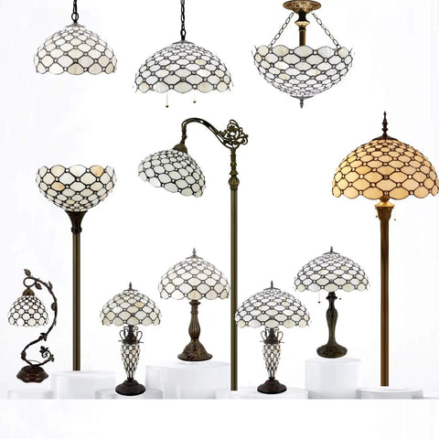 Assorted Tiffany Style Cream Amber Stained Glass Lamps with various bases, UL Listed, S005 Series, featuring bead accents.