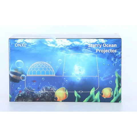 360 Degree Rotating Ocean Night Light Projector For Kids, box showing jellyfish lamp and sea-themed patterns.