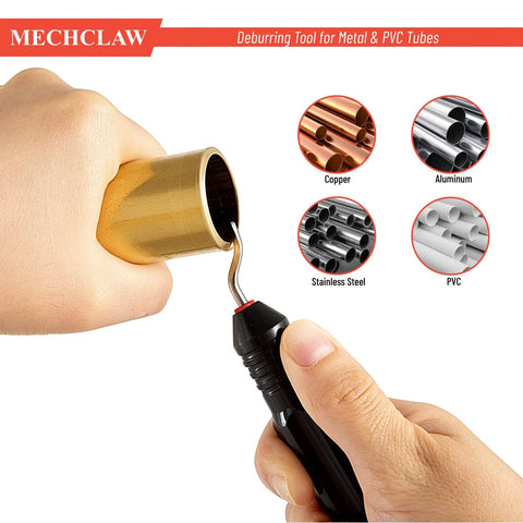 Heavy-duty tube cutter with black handle; side view trimming copper tube, deburring tool included