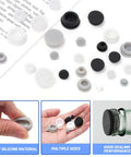 Ultimate 120 Piece Grey Silicone Hole Plug Pack With 9 Sizes For Furniture Legs And Cabinet Doors, Reusable Round Rubber Covers Perfect For Sealing Gaps And Keeping Things Snug On Any Project., grey silicone hole plugs in multiple sizes with hands holding one and a bottle seal example