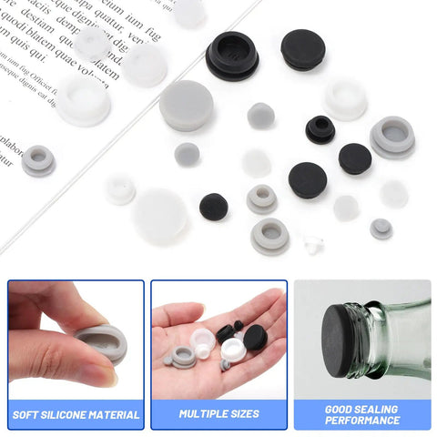 Ultimate 120 Piece Grey Silicone Hole Plug Pack With 9 Sizes For Furniture Legs And Cabinet Doors, Reusable Round Rubber Covers Perfect For Sealing Gaps And Keeping Things Snug On Any Project., grey silicone hole plugs in multiple sizes with hands holding one and a bottle seal example