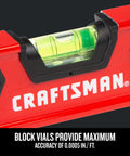 Close-up of 9 inch magnetic torpedo level showing Craftsman logo and bubble vial for precise leveling.