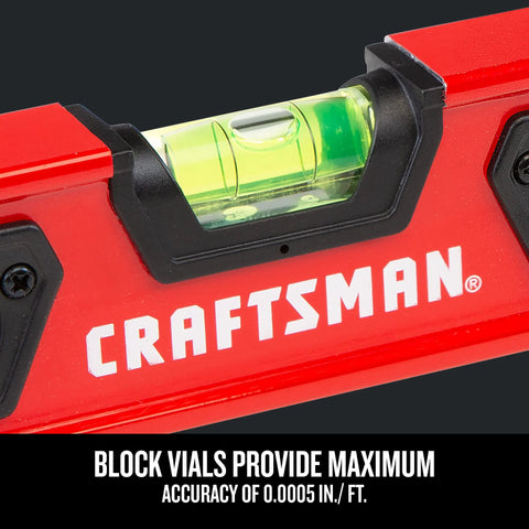 Close-up of 9 inch magnetic torpedo level showing Craftsman logo and bubble vial for precise leveling.