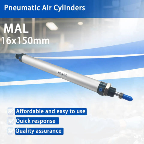 Beefy Mini Pneumatic Cylinder MAL 16x150 with aluminum single rod, double acting, 16mm bore, 150mm stroke shown in side view