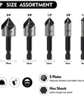 Five Piece Countersink Drill Bit Set With 82 Degree, Five Flute, 1/4 Inch Hex Shank, High Speed Steel Bits for Metal Wood Plywood Plastic