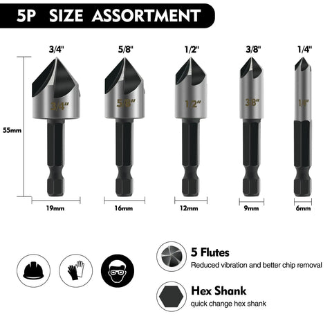 Five Piece Countersink Drill Bit Set With 82 Degree, Five Flute, 1/4 Inch Hex Shank, High Speed Steel Bits for Metal Wood Plywood Plastic