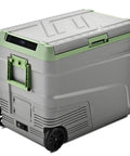Massive 58 Qt Portable Car Refrigerator And Electric Cooler With 12V Plug features wheels, grey and green design, ideal for outdoor adventures.