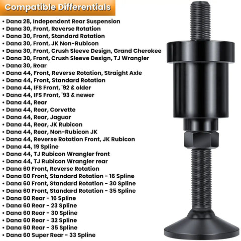 Premium Dana 30 And 44 Front Axle Tube Seal Pair Installation Tool showing setup for Jeep compatibility test.