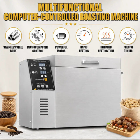 Game Changing Electric Drum Roaster Built To Handle Coffee Beans Peanuts And Grains Without Breaking A Sweat, stainless steel body.