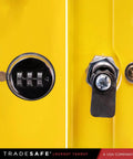 Heavy Duty Lockout Tagout Cabinet Wall Mount LOTO Storage Box Built Like A Tank With Twenty Two Shackle Holders showing combo lock and latch detail.