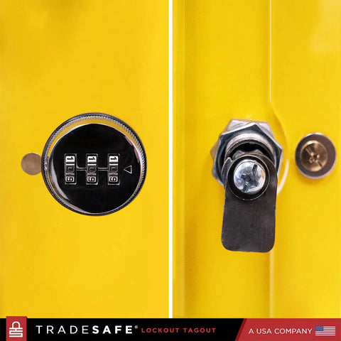 Heavy Duty Lockout Tagout Cabinet Wall Mount LOTO Storage Box Built Like A Tank With Twenty Two Shackle Holders showing combo lock and latch detail.